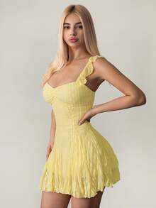 SHEIN ICON Women's Lace Patchwork A-Line Mini Dress, Apricot Color, Summer - Mustard Yellow - View 3