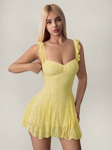 SHEIN ICON Women's Lace Patchwork A-Line Mini Dress, Apricot Color, Summer - Mustard Yellow - View 4