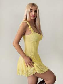 SHEIN ICON Women's Lace Patchwork A-Line Mini Dress, Apricot Color, Summer - Mustard Yellow - View 8