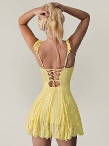 SHEIN ICON Women's Lace Patchwork A-Line Mini Dress, Apricot Color, Summer - Mustard Yellow - View 2