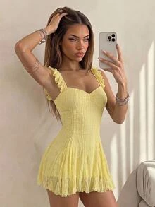 SHEIN ICON Women's Lace Patchwork A-Line Mini Dress, Apricot Color, Summer - Mustard Yellow - View 1