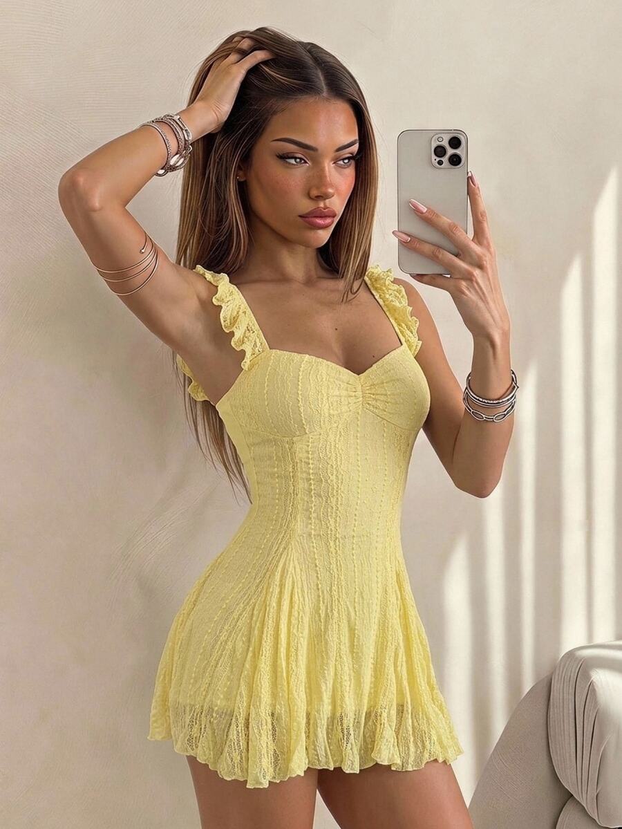 SHEIN ICON Women's Lace Patchwork A-Line Mini Dress, Apricot Color, Summer - Mustard Yellow - View 1