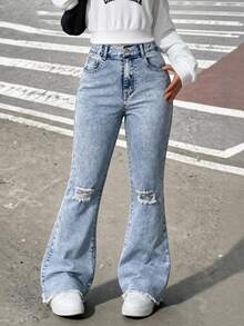 Jeans Denim Washed Model Flare dengan Desain Vintage 2000-an untuk Remaja Perempuan, Gaya Streetwear yang Lucu, Cocok untuk Kampus, Kembali ke Sekolah, dan Pesta Musim Panas Warna Biru Muda. - Medium Wash - View 4