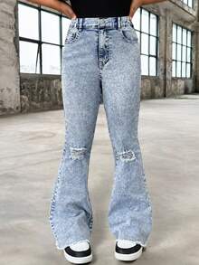 Jeans Denim Washed Model Flare dengan Desain Vintage 2000-an untuk Remaja Perempuan, Gaya Streetwear yang Lucu, Cocok untuk Kampus, Kembali ke Sekolah, dan Pesta Musim Panas Warna Biru Muda. - Medium Wash - View 7