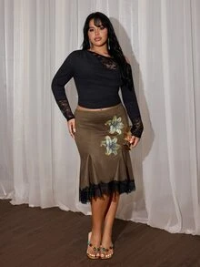 Rustia Rok Wanita Ukuran Plus Bergaya Vintage Elegan dengan Motif Renda dan Patchwork Bunga - Coklat - View 7