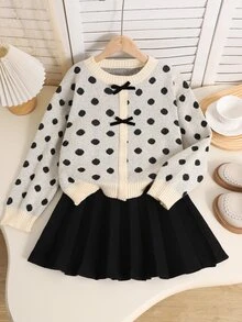 SHEIN Tween女孩童裝休閒時尚甜美日常圓領長袖愛心圖案3D蝴蝶結設計套頭毛衣搭配高腰純色短百褶裙套裝 - 彩色 - 查看 2