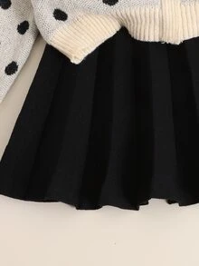 SHEIN Tween女孩童裝休閒時尚甜美日常圓領長袖愛心圖案3D蝴蝶結設計套頭毛衣搭配高腰純色短百褶裙套裝 - 彩色 - 查看 5