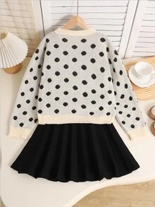 SHEIN Tween女孩童裝休閒時尚甜美日常圓領長袖愛心圖案3D蝴蝶結設計套頭毛衣搭配高腰純色短百褶裙套裝 - 彩色 - 查看 3