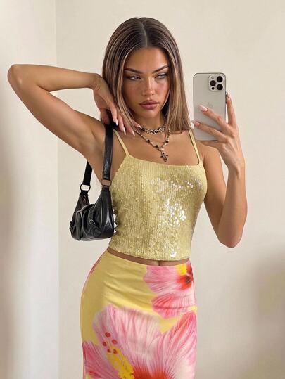 SHEIN ICON Top de tirantes cruzados con espalda descubierta y lentejuelas, estilo vacaciones para mujer