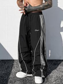 Manfinity LEGND Men's Casual Letter Print Drawstring Waist Sports Long Pants - Black - View 1
