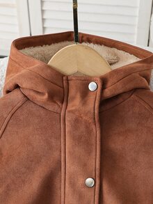 SHEIN 青少年女孩黑白豹紋麂皮連帽棉外套 抓絨內裡 休閒端莊可愛保暖 冬季感恩節社團款 - 棕色 - 查看 8