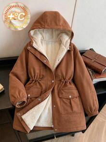 SHEIN 青少年女孩黑白豹紋麂皮連帽棉外套 抓絨內裡 休閒端莊可愛保暖 冬季感恩節社團款 - 棕色 - 查看 1