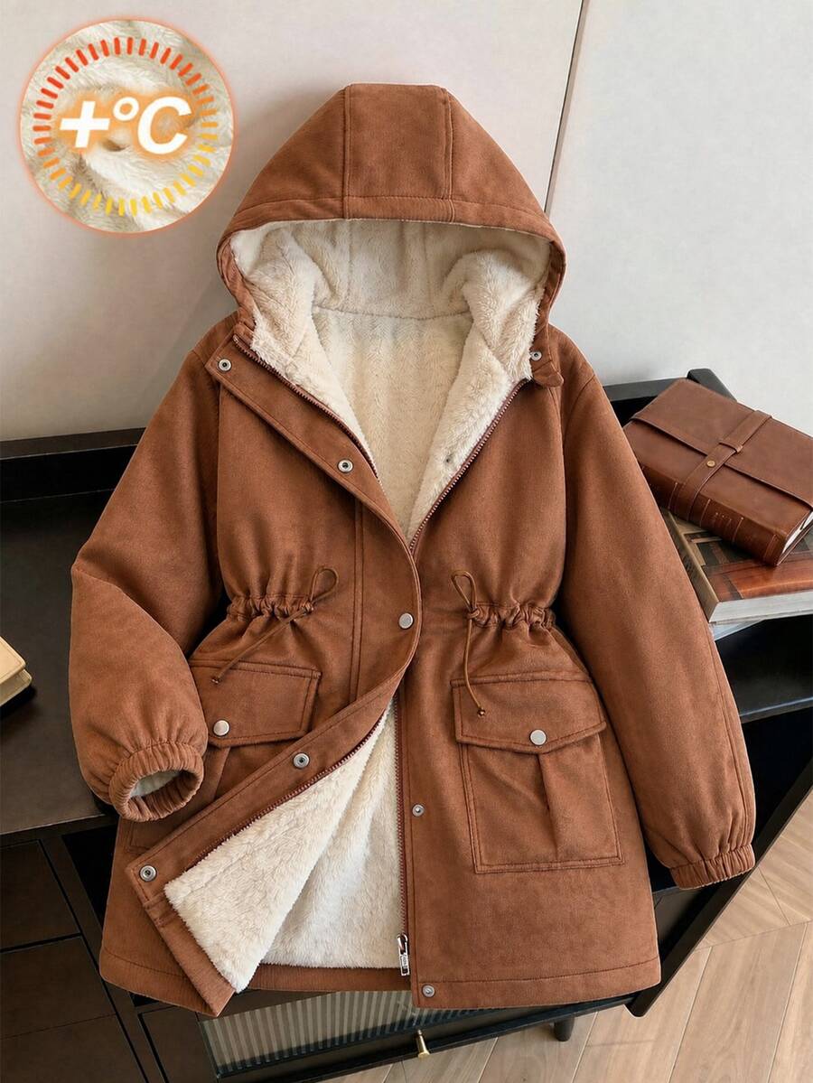 SHEIN 青少年女孩黑白豹紋麂皮連帽棉外套 抓絨內裡 休閒端莊可愛保暖 冬季感恩節社團款 - 棕色 - 查看 1