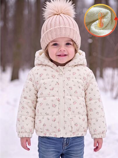 SHEIN Toddler Girl Puffer Jacket Coat Sweet Elegant Cream Pink Floral Quilted Fuzzy Long Sleeve Hooded Thick Outdoor Vacation Winter Holiday Zip