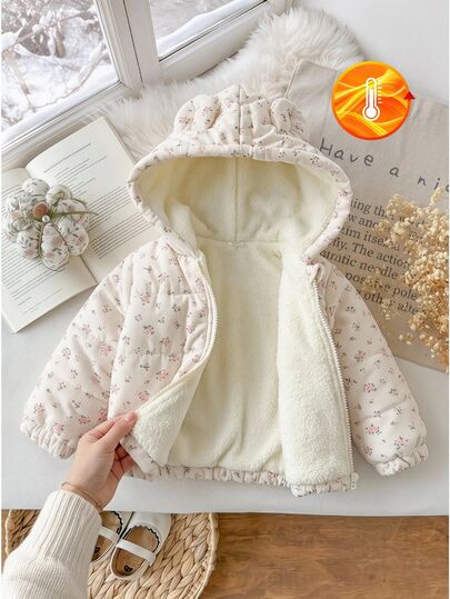 SHEIN Toddler Girl Puffer Jacket Coat Sweet Elegant Cream Pink Floral Quilted Fuzzy Long Sleeve Hooded Thick Outdoor Vacation Winter Holiday Zip