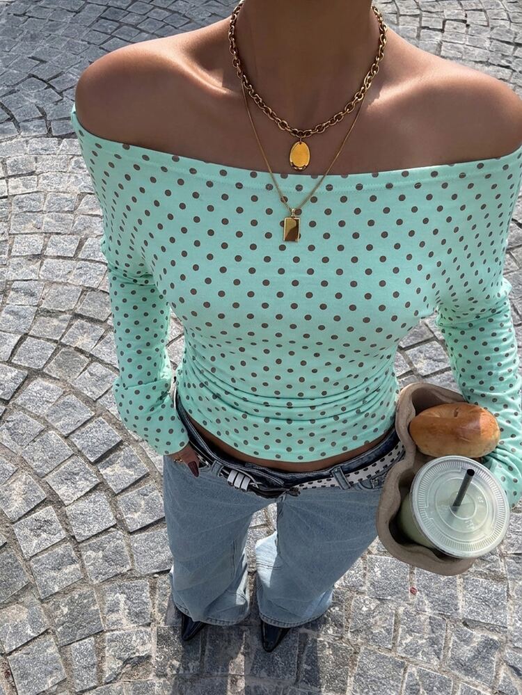 Muchica 95% Cotton Women's Casual Off-Shoulder Fitted Long Sleeve T-Shirt, Polka Dot Print, Y2K Style, Autumn Clothing, Suitable For Daily Commute, Gathering, Summer, Christmas, New Year, Thanksgiving, Party, Wedding, Beach, Outing, Dating, Valentine's Day, Elegant, Vacation, Y2K, Mint Blue Polka Dot Top, Sexy Top - Multicolor - View 5