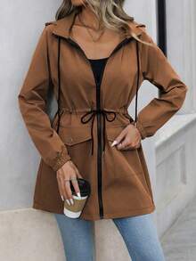 SHEIN Holidaya Jaket Wanita Berkerudung dengan Pinggang yang Dikencangkan (Model Reguler) - Coklat - View 7