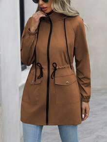 SHEIN Holidaya Jaket Wanita Berkerudung dengan Pinggang yang Dikencangkan (Model Reguler) - Coklat - View 6