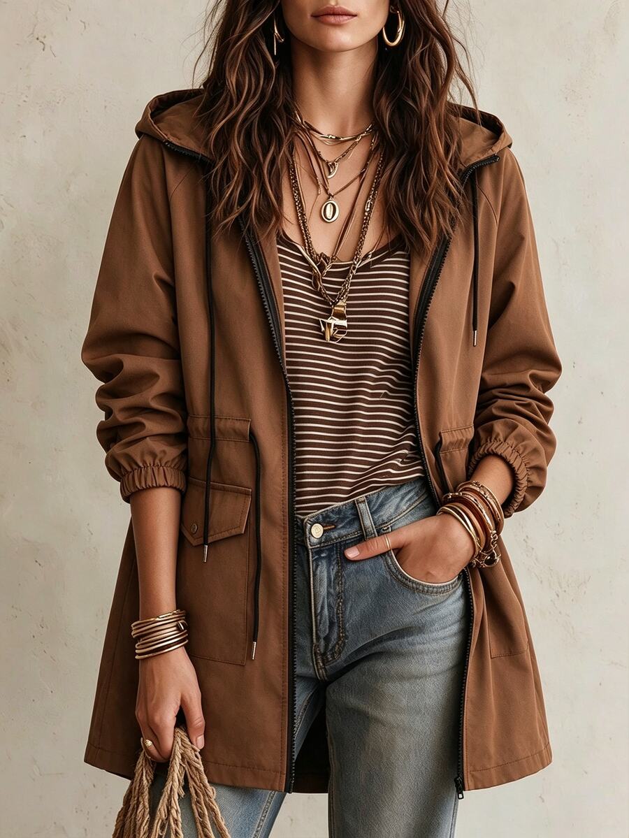 SHEIN Holidaya Jaket Wanita Berkerudung dengan Pinggang yang Dikencangkan (Model Reguler) - Coklat - View 1