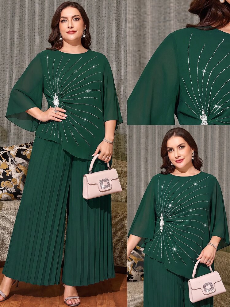 SHEIN Clasi Plus Size Women Rhinestone Round Neck Flare Sleeve Blouse And Pleated Wide Leg Pants Casual 2 Pieces Set - Green - View 1