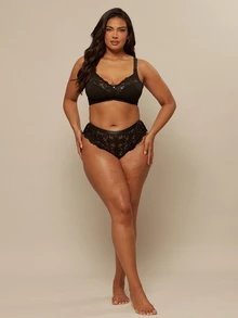 SHEIN BAE CURVE Plus Size Hollow-Out Lace Sexy Thong - Black - View 4