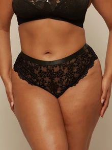 SHEIN BAE CURVE Plus Size Hollow-Out Lace Sexy Thong - Black - View 2