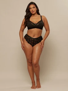 SHEIN BAE CURVE Plus Size Hollow-Out Lace Sexy Thong - Black - View 3