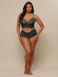 SHEIN BAE CURVE 2pcs/Set Plus Size Women's Sexy Lace Lingerie Set - Teal Blue - View 3