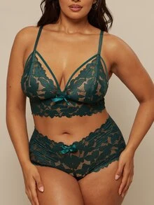 SHEIN BAE CURVE 2pcs/Set Plus Size Women's Sexy Lace Lingerie Set - Teal Blue - View 6