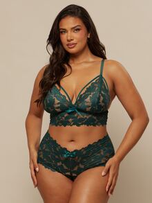 SHEIN BAE CURVE 2pcs/Set Plus Size Women's Sexy Lace Lingerie Set - Teal Blue - View 1