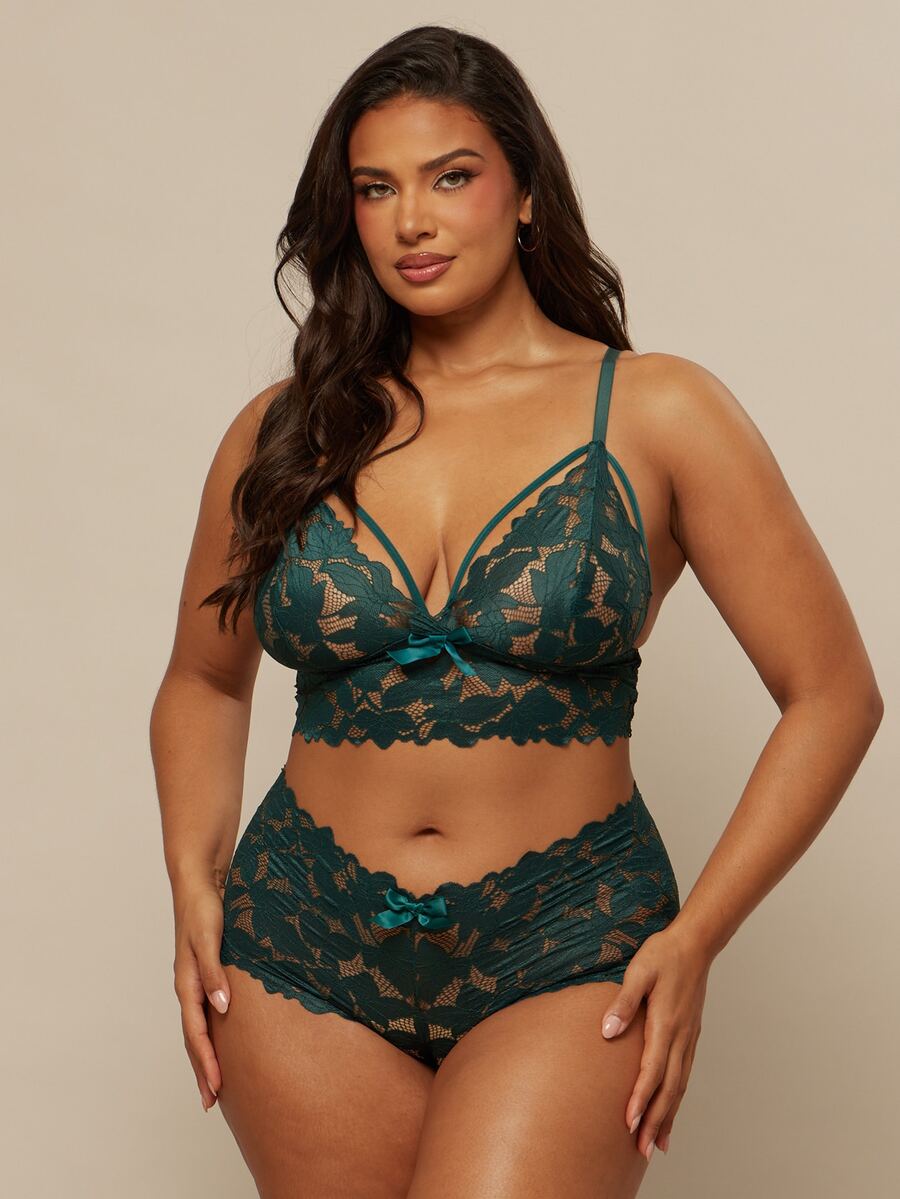 SHEIN BAE CURVE 2pcs/Set Plus Size Women's Sexy Lace Lingerie Set - Teal Blue - View 1