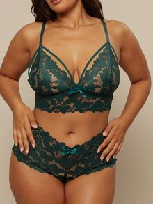 SHEIN BAE CURVE 2pcs/Set Plus Size Women's Sexy Lace Lingerie Set - Teal Blue - View 4