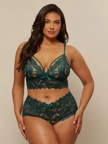 SHEIN BAE CURVE 2pcs/Set Plus Size Women's Sexy Lace Lingerie Set - Teal Blue - View 7