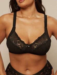 SHEIN BAE CURVE 1件加大码蕾丝拼接无钢圈文胸 - 黑色 - 查看 1