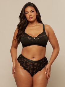 SHEIN BAE CURVE 1件加大码蕾丝拼接无钢圈文胸 - 黑色 - 查看 3