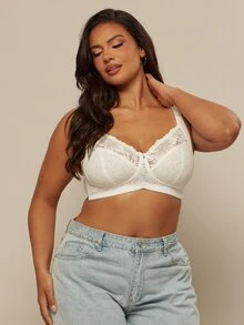 SHEIN BAE CURVE 1 件大码蕾丝拼接无钢圈文胸 - 白色 - 查看 4