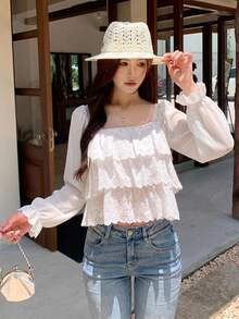 DAZY Women's Casual Sleeveless Korean Style Ruffle Trim Blouse Vacation - White - View 3