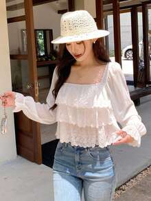 DAZY Women's Casual Sleeveless Korean Style Ruffle Trim Blouse Vacation - White - View 7