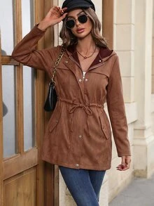 SHEIN 女款秋冬仿麂皮素色優雅簡約抽繩連帽夾克，休閒日常感恩節旅行棕色日穿 - 棕色 - 查看 9