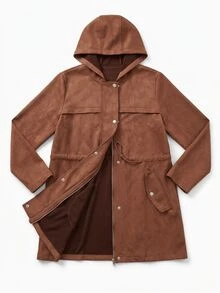 SHEIN 女款秋冬仿麂皮素色優雅簡約抽繩連帽夾克，休閒日常感恩節旅行棕色日穿 - 棕色 - 查看 8