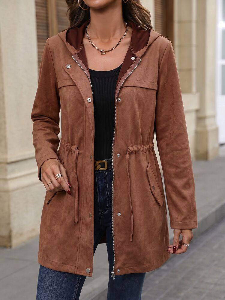 SHEIN Jaket Wanita Musim Gugur/Dingin Bahan Suede Imitasi Warna Polos Elegan Sederhana dengan Tali Serut, Jaket Kasual Sehari-hari untuk Thanksgiving, Perjalanan Sehari-hari, Cokelat - Coklat - View 5