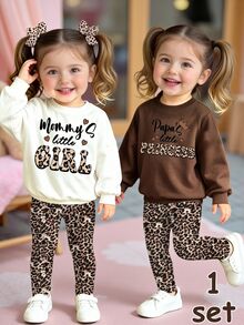Baby Girls Letter & Leopard Print Sweatshirt & Wide Leg Pants Set, Cozy Mommy's Girl Outfit, Fall Winter (1 Set) - Multicolor - View 3