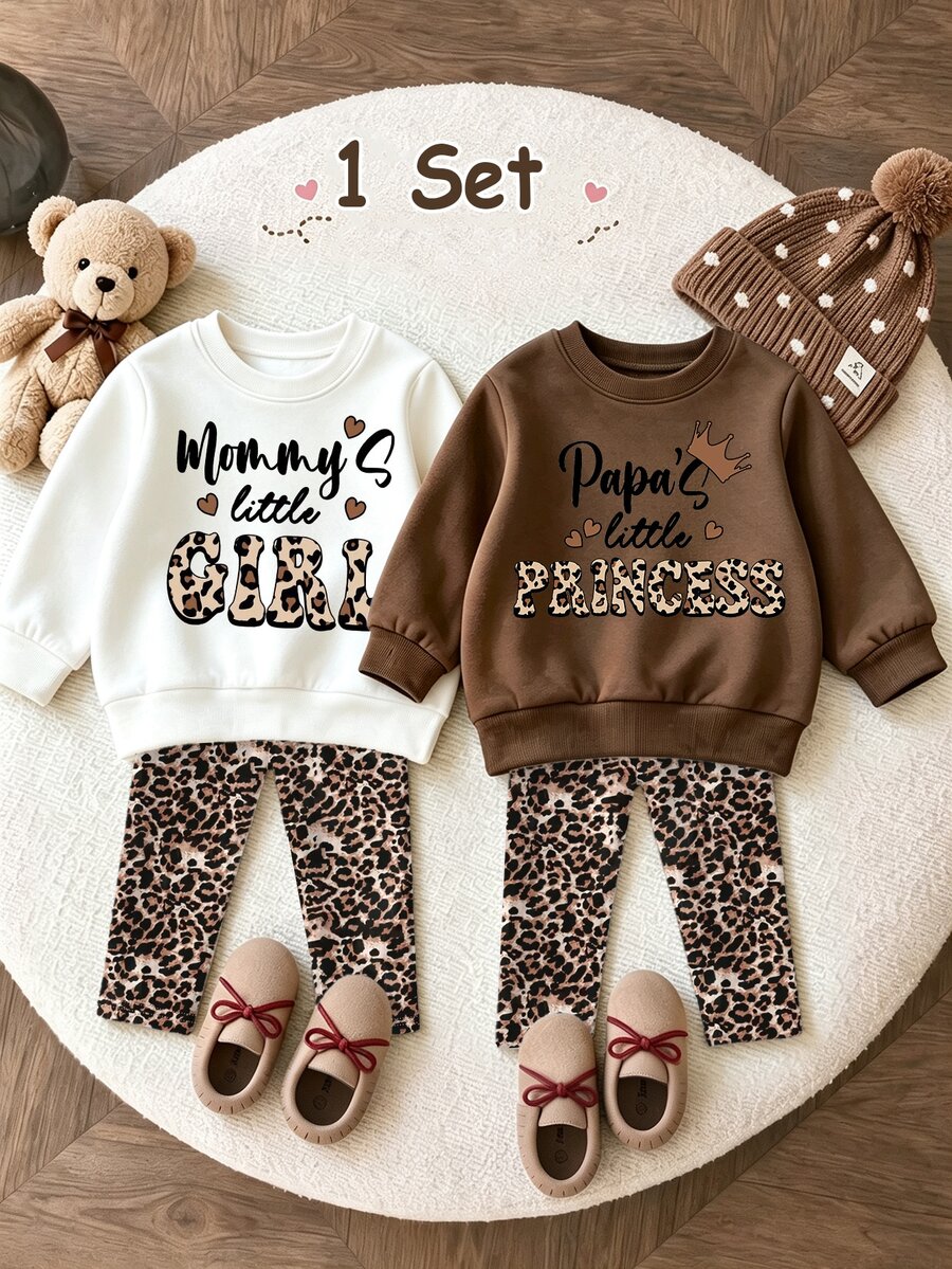 Baby Girls Letter & Leopard Print Sweatshirt & Wide Leg Pants Set, Cozy Mommy's Girl Outfit, Fall Winter (1 Set) - Multicolor - View 1