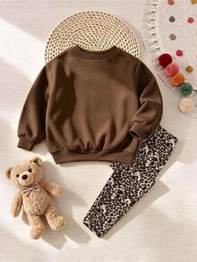Baby Girls Letter & Leopard Print Sweatshirt & Wide Leg Pants Set, Cozy Mommy's Girl Outfit, Fall Winter (1 Set) - Multicolor - View 2