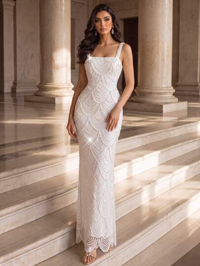 Coutiva Women Winter Elegant Queen Square-Neck Evening Gown Water-Soluble Floral Fan-Shaped Pearl Sleeveless Bodycon Satin Dress Wedding White