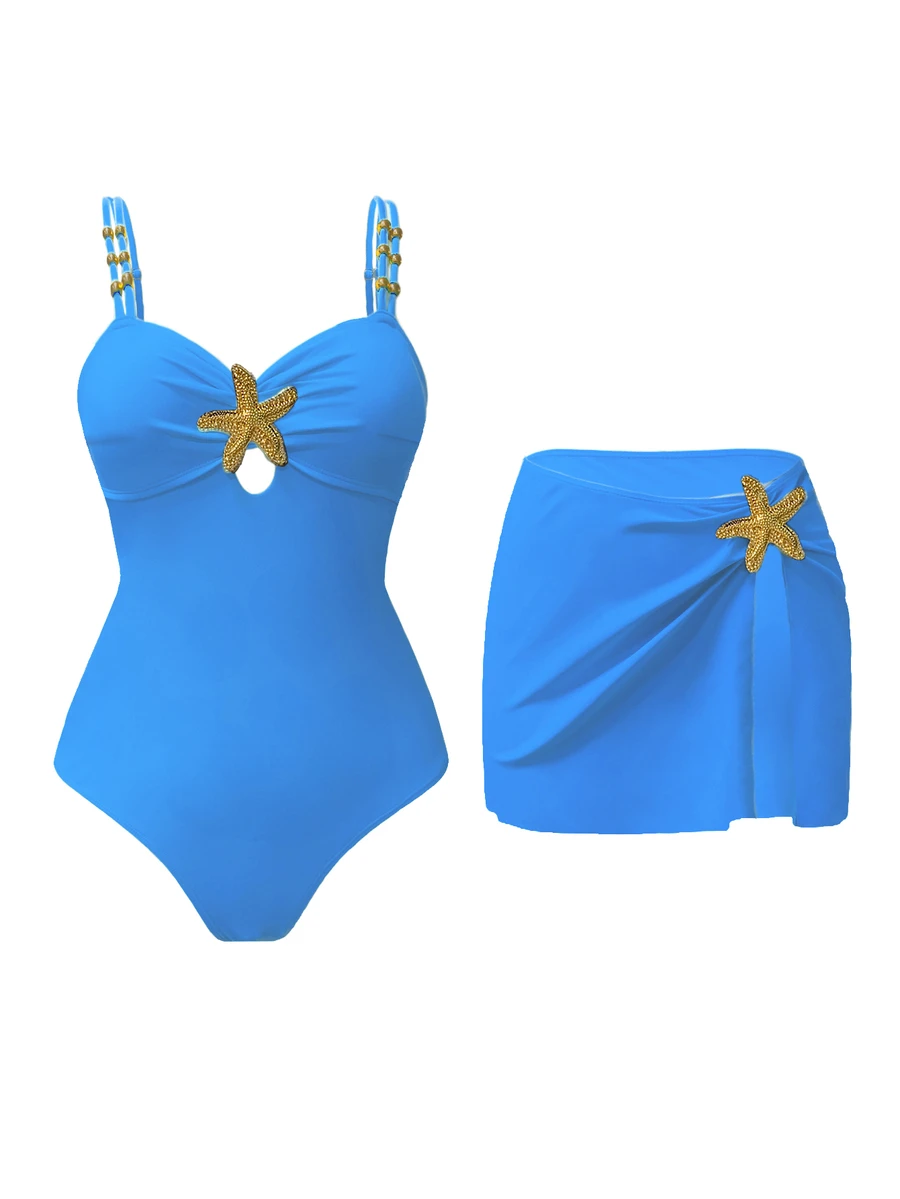 SHEIN Swim 1件装女士可爱五角星装饰休闲度假连体泳衣 2件套泳衣海星泳衣 女士泳衣 女士塑身泳衣泳池派对服装 复活节假期春季 - 霧霾藍 - 查看 1
