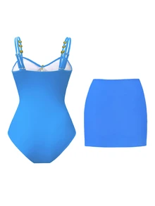 SHEIN Swim 1件装女士可爱五角星装饰休闲度假连体泳衣 2件套泳衣海星泳衣 女士泳衣 女士塑身泳衣泳池派对服装 复活节假期春季 - 霧霾藍 - 查看 2