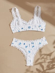 Lullawish Women's Floral Print Lace Patchwork Bra & Bow Decor Triangle Panty Lingerie Set - Blue - View 8