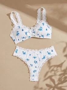Lullawish Women's Floral Print Lace Patchwork Bra & Bow Decor Triangle Panty Lingerie Set - Blue - View 7