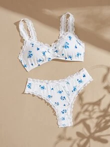 Lullawish Women's Floral Print Lace Patchwork Bra & Bow Decor Triangle Panty Lingerie Set - Blue - View 9